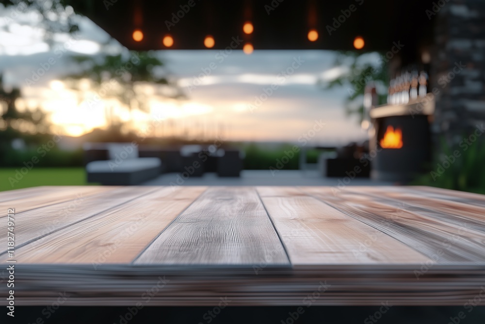 Relaxed summer bbq around an empty wooden table Relaxed summer bbq around an empty wooden table