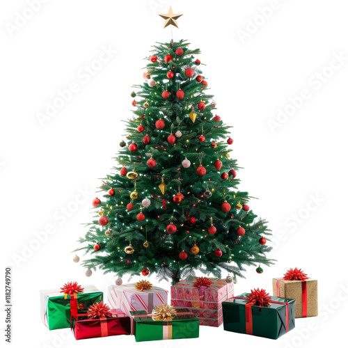Beautifully decorated Christmas tree with colorful ornaments and gifts underneath, ready for a festive holiday celebration.
