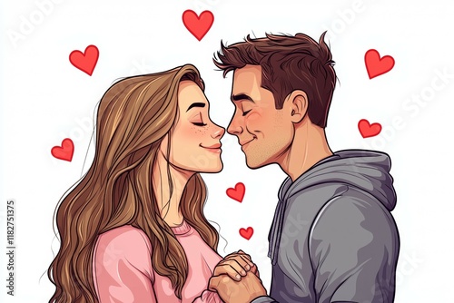 Romantic couple in love with hearts - caucasian young male and female embracing photo