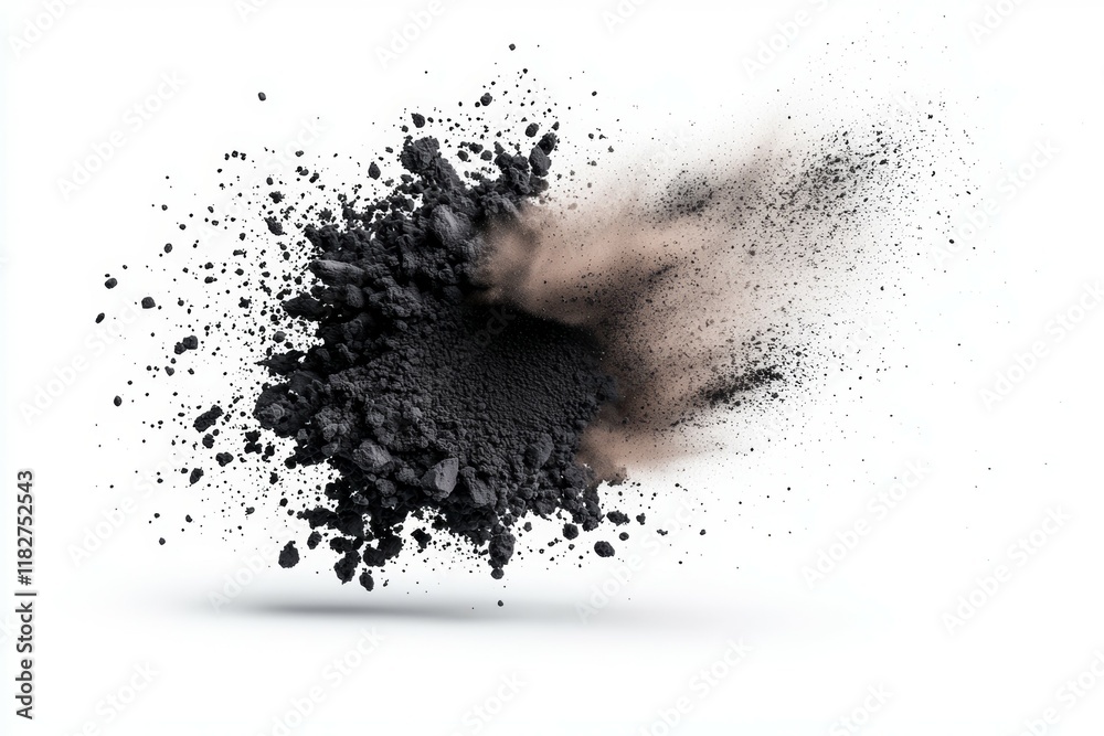 Obraz premium Dynamic explosion of black powder against white background