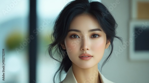 Free Download Close-up portrait of a young Asian woman with dark hair and makeup, looking directly at the camera. - GFXLoad