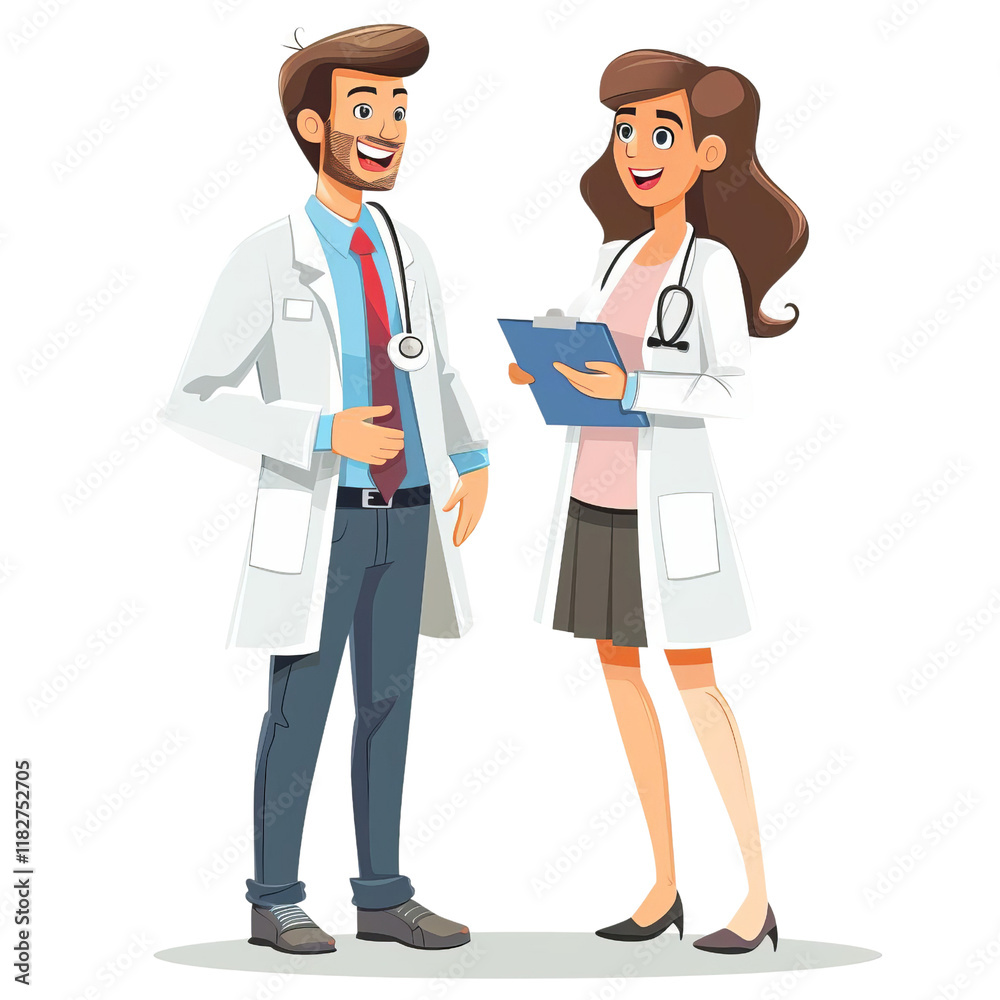 Two friendly doctors engaging in a discussion, representing teamwork and professionalism in a modern healthcare setting.