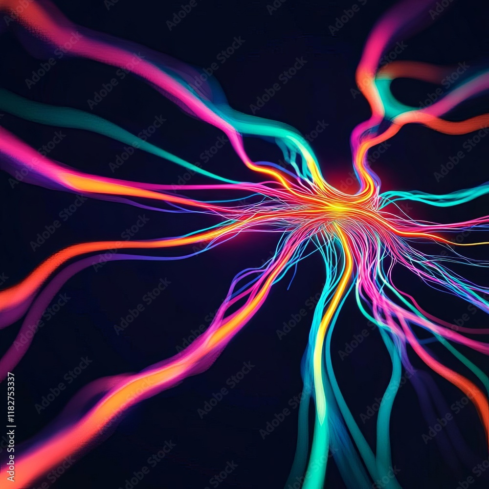 Naklejka premium Neuron pathways depicted as radiant colorful threads, bold and futuristic