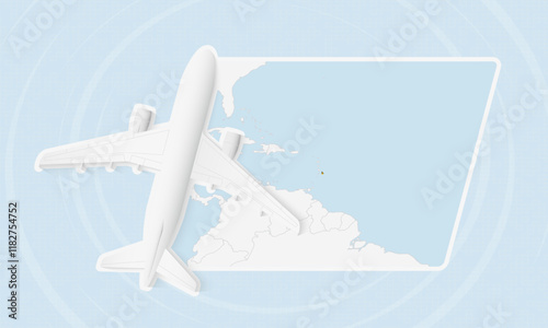 Barbados Travel Illustration with Plane and National Flag. Airplane Flying Over Barbados Map.