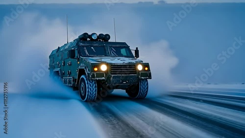 An armored vehicle traverses a snowy landscape during a blizzard at twilight, creating a visual of resilience and power against nature's harsh conditions.