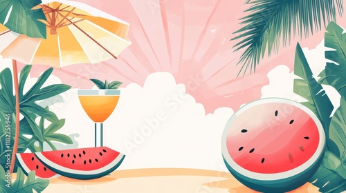 Tropical beach scene with drink and watermelon