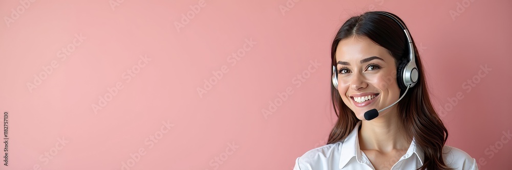 Professional customer service representative with headset on light pink gradient background Professional customer service representative with headset on light pink gradient background