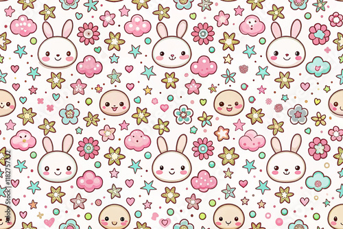 Cute bunny, flower, cloud, and star seamless pattern.