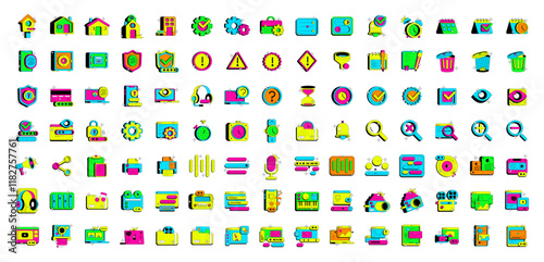 Set of trendy Y2K shapes badges on black background. Retro stickers templates in vibrant colors. Neo Brutalism style icons collection, Brutaldy Illustration pack
