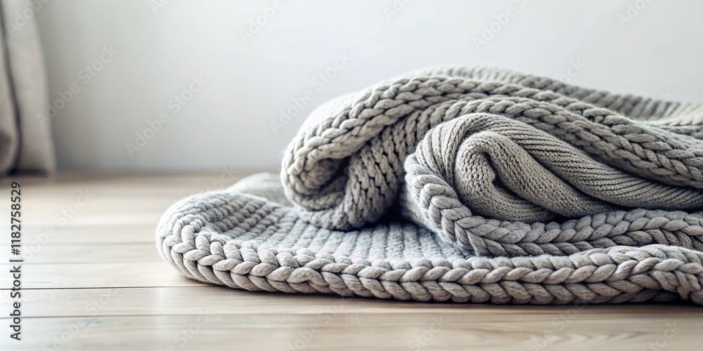 Cozy Gray Knit Blanket on Soft Surface - Minimalist Home Decor Stock Photo Cozy Gray Knit Blanket on Soft Surface - Minimalist Home Decor Stock Photo