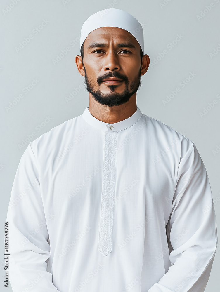 a handsome Indonesian man wearing a long white Muslim dress with various expressions and a traditional head covering on his head, mockup style a handsome Indonesian man wearing a long white Muslim dress with various expressions and a traditional head covering on his head, mockup style