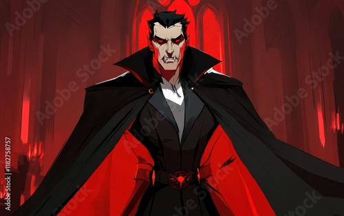 An illustration of a sinister vampire lord boss character concept with a cape, sharp fangs, and glowing red eyes. photo