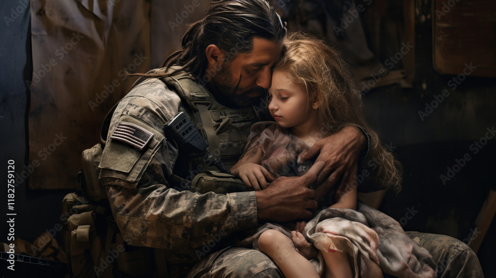 Fototapeta premium Soldier hugging sad little daughter while leaving for war. A man rescues and calms a frightened child during the fighting.