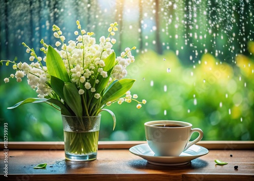 Wallpaper Mural Cozy Rainy Day: Coffee, Lilies of the Valley & Window Rain Drops - Tilt-Shift Torontodigital.ca