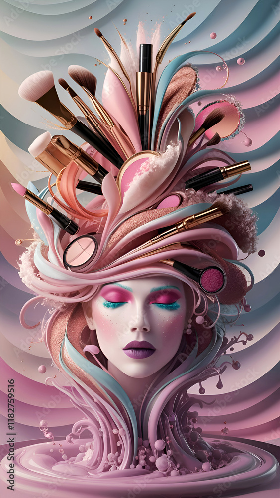 stylish Digital art with woman portrait and different cosmetics products. Digital artwork. Ai generated