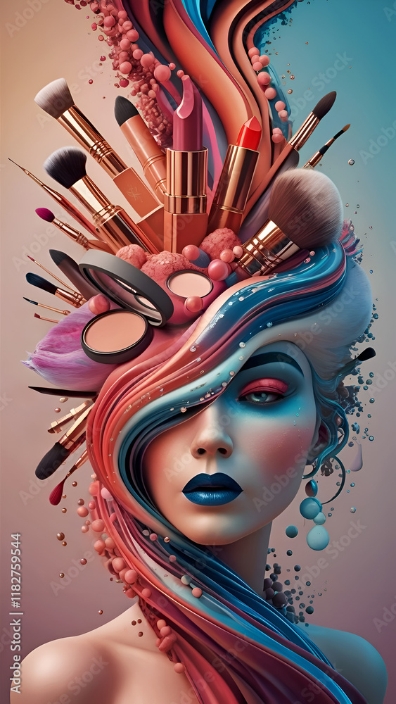 stylish Digital art with woman portrait and different cosmetics products. Digital artwork. Ai generated