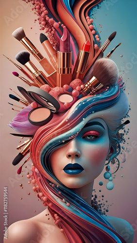 Obraz na płótnie stylish Digital art with woman portrait and different cosmetics products. Digital artwork. Ai generated w salonie
