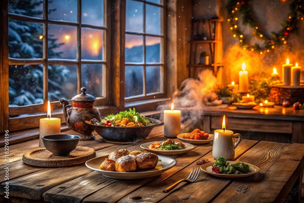 Cozy Winter Dinner: Warm Candlelight & Steam on Rustic Table Cozy Winter Dinner: Warm Candlelight & Steam on Rustic Table