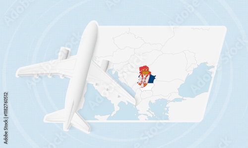 Serbia Travel Illustration with Plane and National Flag. Airplane Flying Over Serbia Map.
