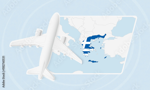 Greece Travel Illustration with Plane and National Flag. Airplane Flying Over Greece Map.