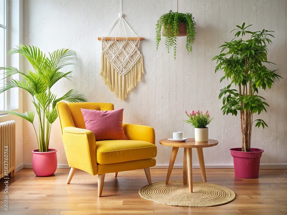 Obraz premium Cozy Yellow Armchair with Pink Cushion, Wooden Floor, Plant, Macrame Wall Art - Tilt-Shift Interior Design Stock Photo