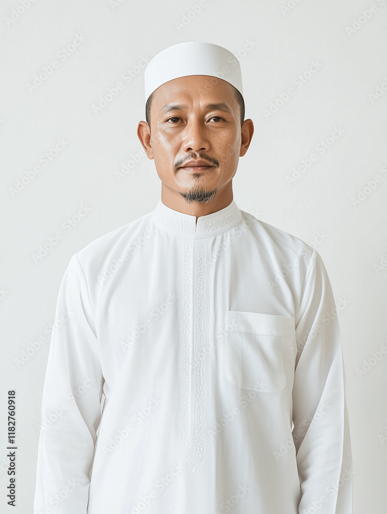 a handsome young Indonesian man wearing a long white Muslim dress with various expressions and a traditional head covering on his head, mockup style a handsome young Indonesian man wearing a long white Muslim dress with various expressions and a traditional head covering on his head, mockup style