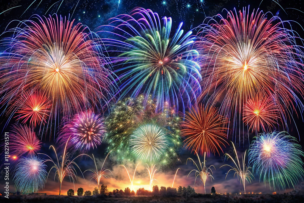Obraz premium Vibrant fireworks display exploding over city skyline at night.