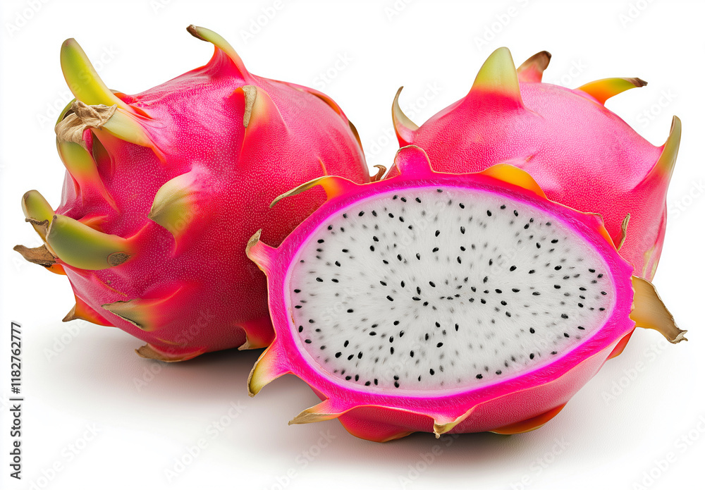 Dragon Fruit, Sliced and Whole on a White Background Dragon Fruit, Sliced and Whole on a White Background