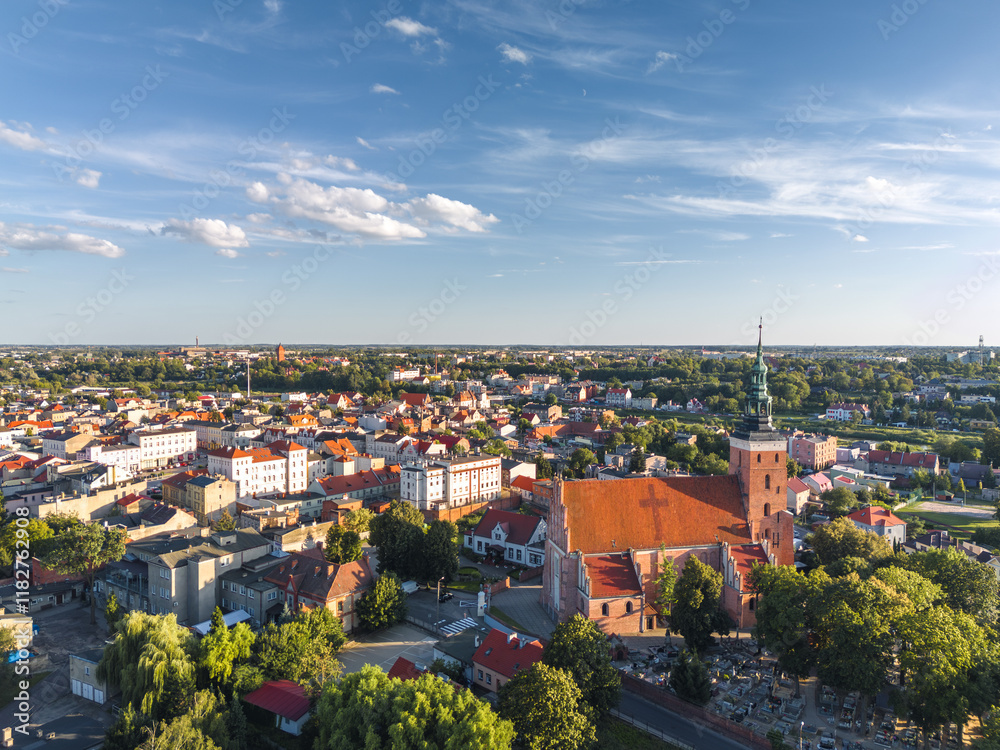Summer aerial skyline cityscape of Śrem, Wielkopolska, Poland at sunset