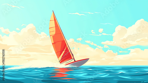 Windsurfing sport flat design side view coastal breeze animation complementary color scheme. Windshard. Illustration photo