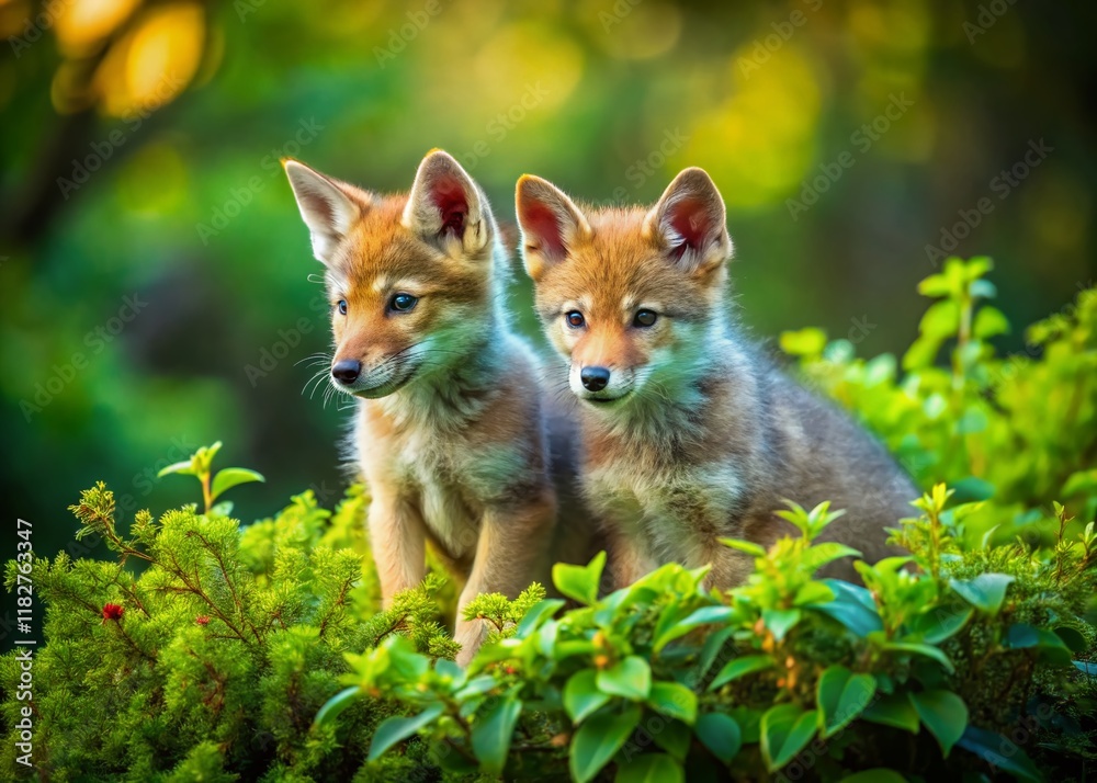 Curious Coyote Pups: Playful Exploration at the Bush's Edge - Surreal Wildlife Photography