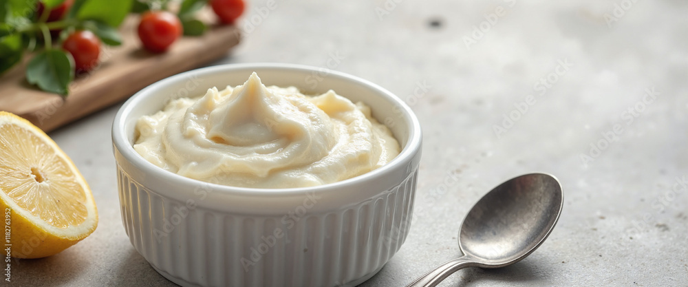 Creamy dairy dip in a white bowl garnished with fresh herbs and cherry tomatoes, evoking a fresh and appetizing mood, placed on a rustic wooden board with lemon Creamy dairy dip in a white bowl garnished with fresh herbs and cherry tomatoes, evoking a fresh and appetizing mood, placed on a rustic wooden board with lemon