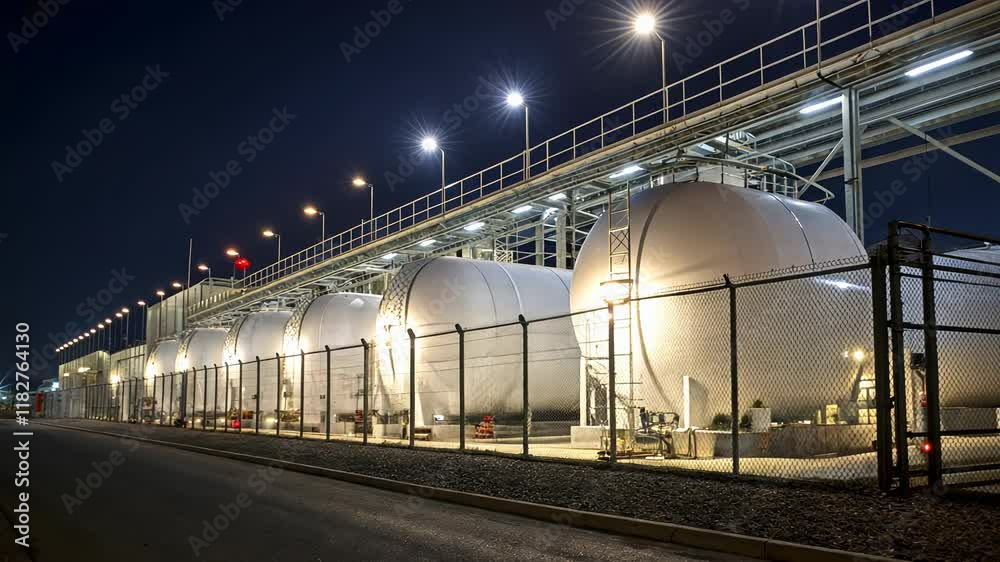 Hydrogen tank, Industrial storage tanks at night Hydrogen tank, Industrial storage tanks at night