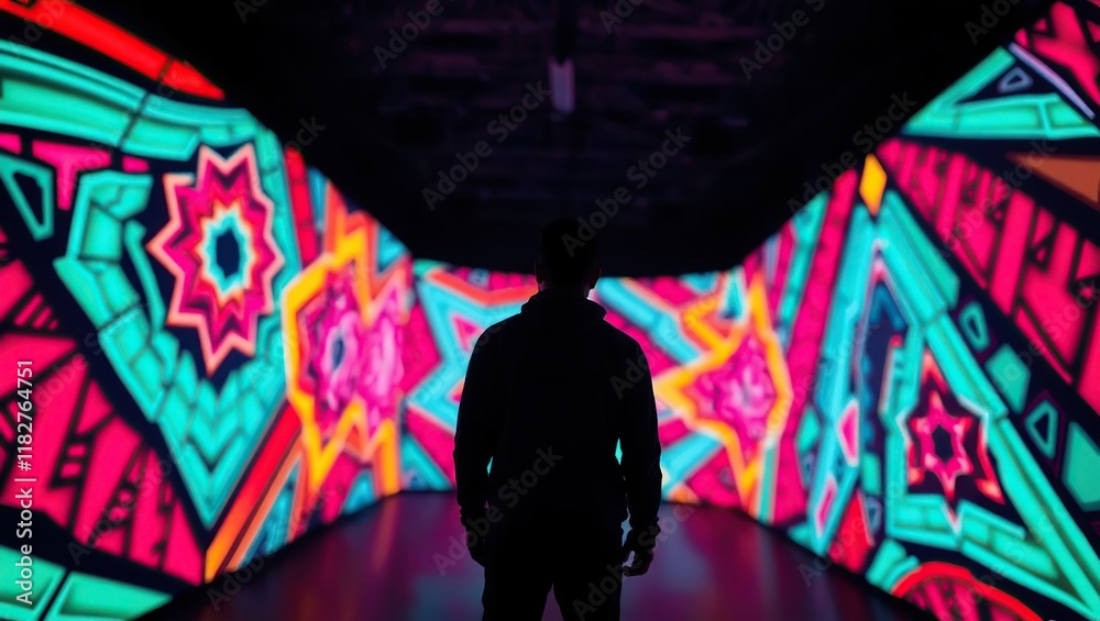 Obraz premium Person Silhouetted Against Vibrant Neon Art Installation