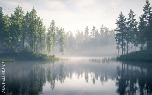A procedural landscape of a misty lake with reflective water surface surrounded by dense forest.