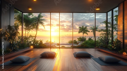 Modern meditation studio with large windows a wooden floor and a view of a tropical beach at sunrise highlighting a blend of natural beauty and contemporary design