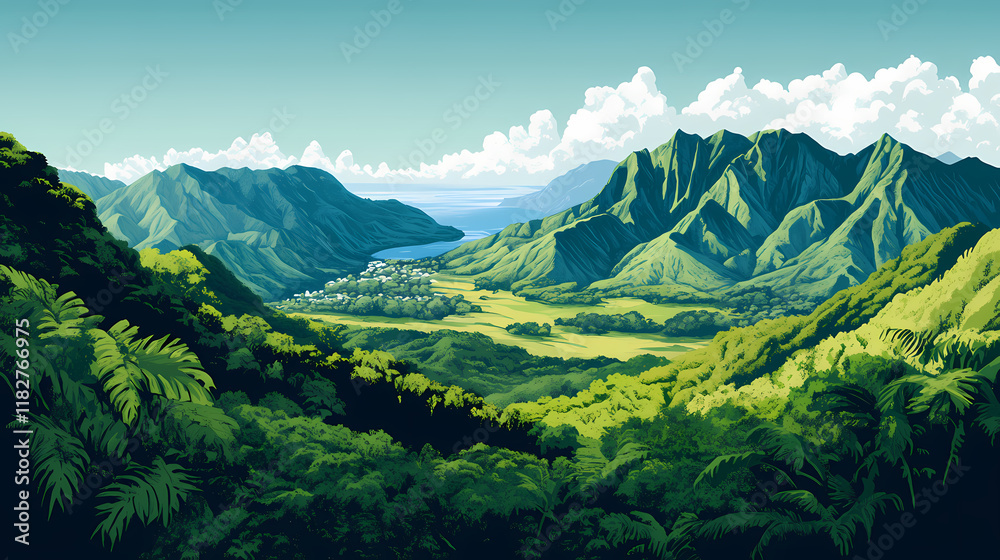 Fototapeta premium Lush mountain scenes from a ridge trail on oahu hawaii overlooking kaneohe kailua and the windward side of the island panoramic. Windshard. Illustration