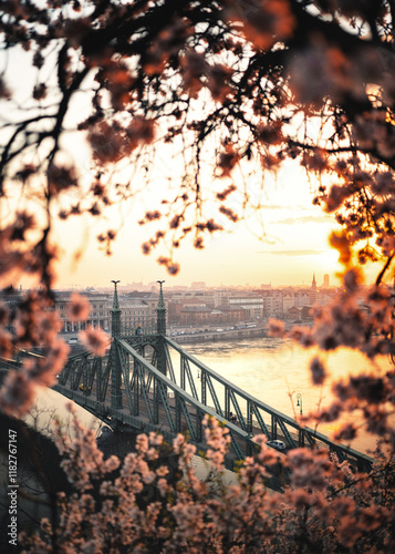 Obraz na płótnie Beautiful Liberty Bridge with almond blossom in Budapest, Hungary w salonie