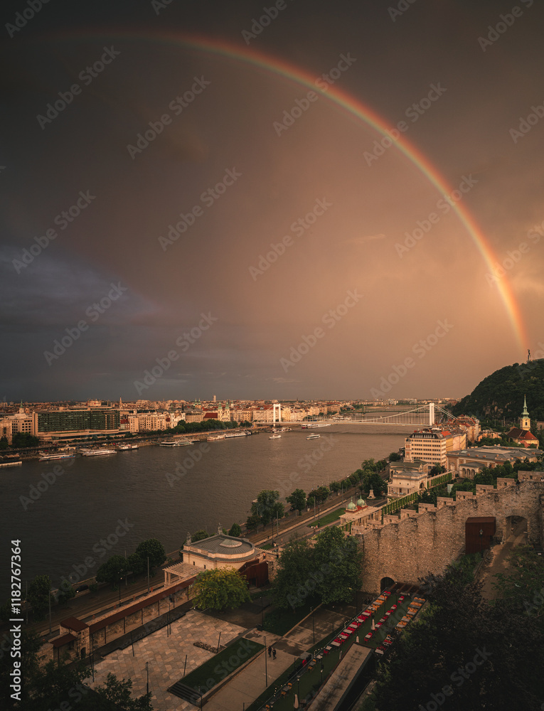 Rainbow over Budapest, Hungary in summer