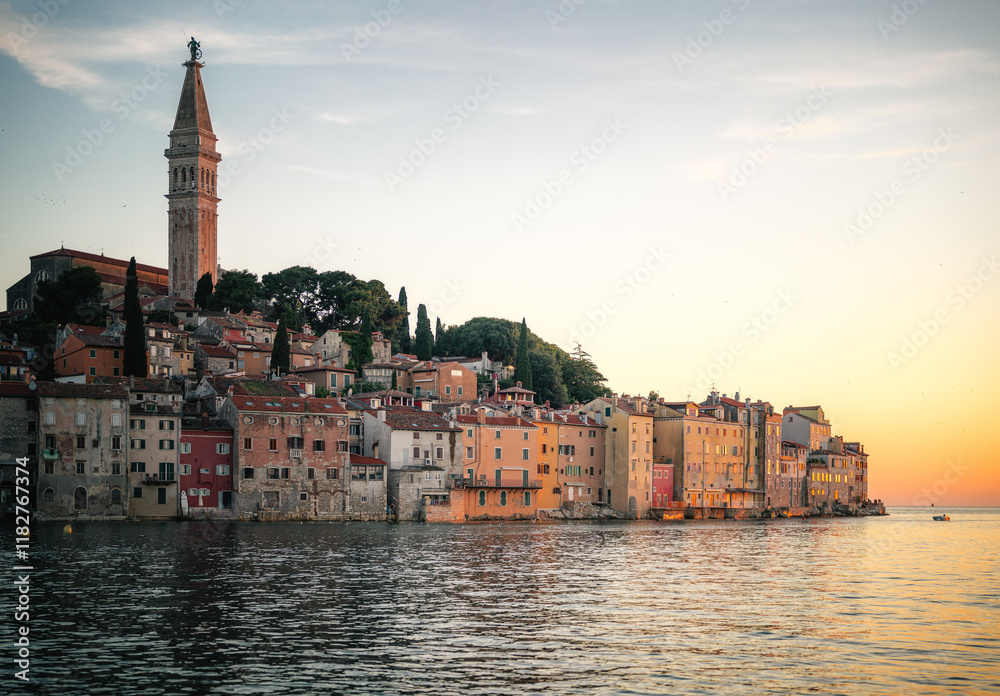 Fototapeta premium Sunset over the old town of Rovinj, Croatia