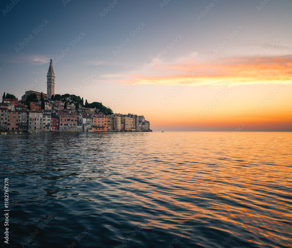Sunset over the old town of Rovinj, Croatia