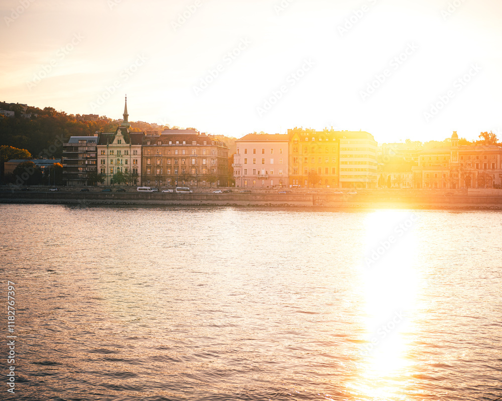 Houses in Budapest city in sunset