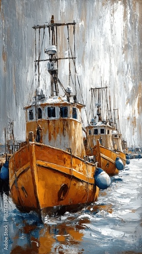 Wallpaper Mural Stunning Nautical Painting of Three Vintage Fishing Boats on Misty Waters - Maritime Art with Rich Abstract Brush Strokes Reflecting the Serenity of the Sea Torontodigital.ca