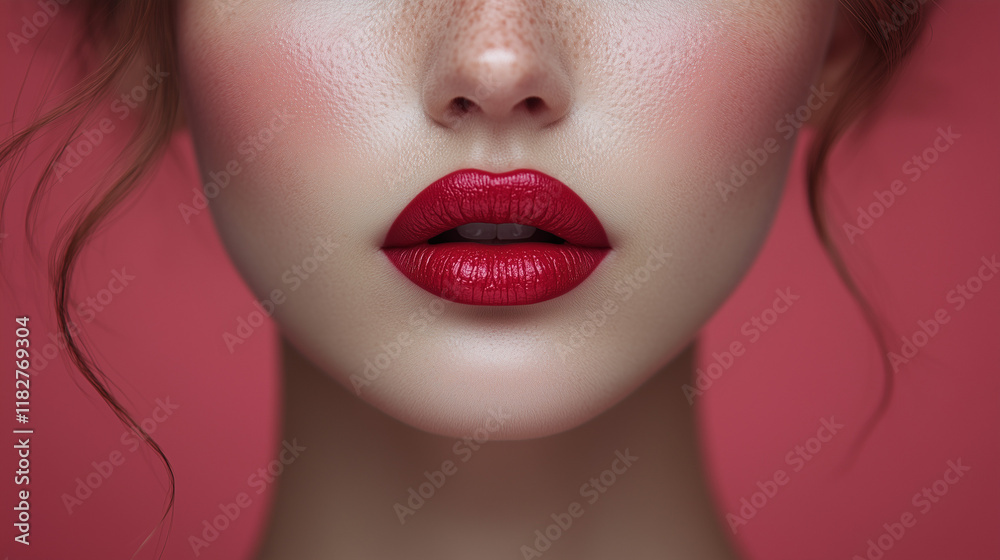 Obraz premium Close-Up of Korean Woman's Red Lips with Glossy Pink Lipstick, Perfect Skin
