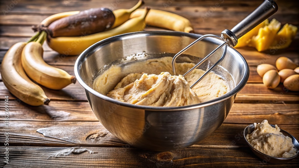 Delicious Banana Bread Batter Mixing in Stainless Steel Bowl on Rustic Wooden Table Delicious Banana Bread Batter Mixing in Stainless Steel Bowl on Rustic Wooden Table