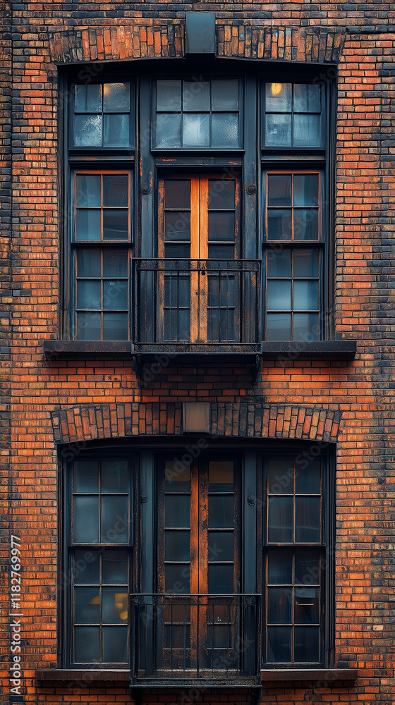 Fototapeta premium A close-up of a brick building facade with large windows, textured details of the masonry, overcast lighting for a rustic and urban feel
