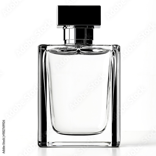 A clear glass perfume bottle with a black cap photo