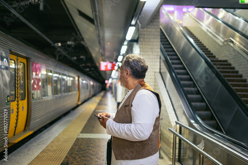 Senior man using smartphone standing on the train station photo