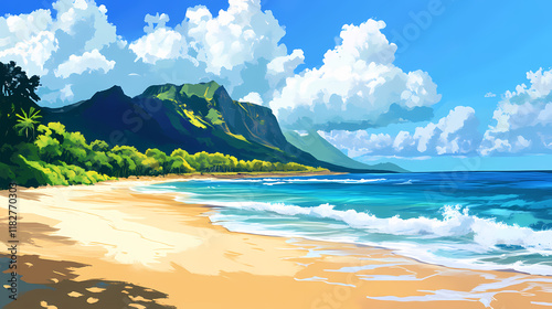 Hawaii waimanalo beach. blue water and colorful coastline on a sunny day. Windshard. Illustration photo