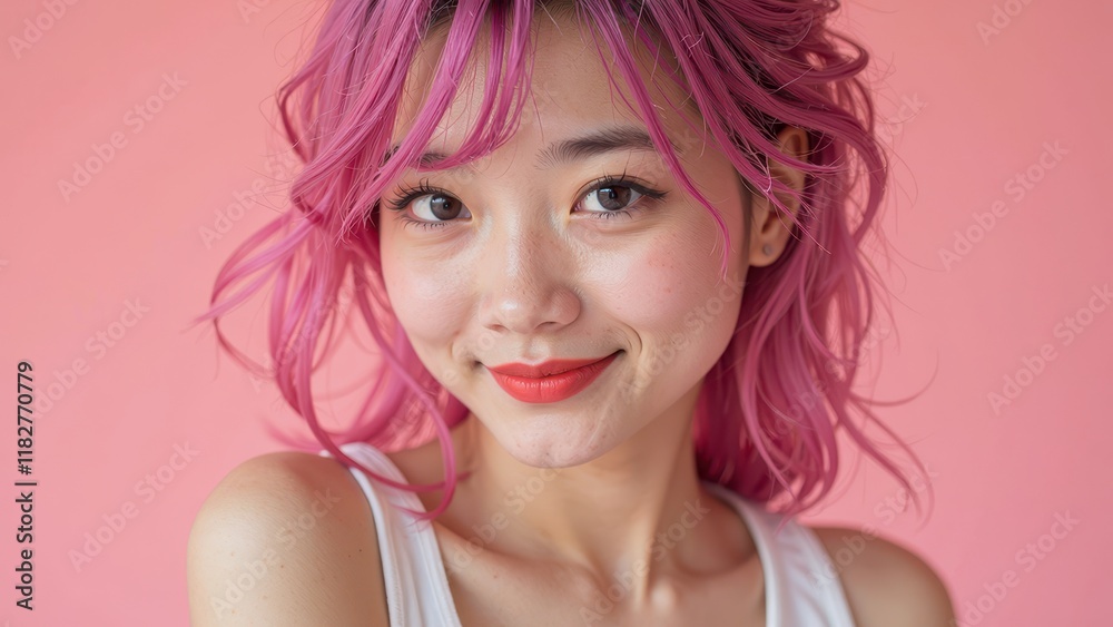 A youthful Asian beauty gazes directly into the lens, her vibrant pink locks framing her heart-shaped face as she sports a subtle smile, set against a soft blush-colored backdrop A youthful Asian beauty gazes directly into the lens, her vibrant pink locks framing her heart-shaped face as she sports a subtle smile, set against a soft blush-colored backdrop
